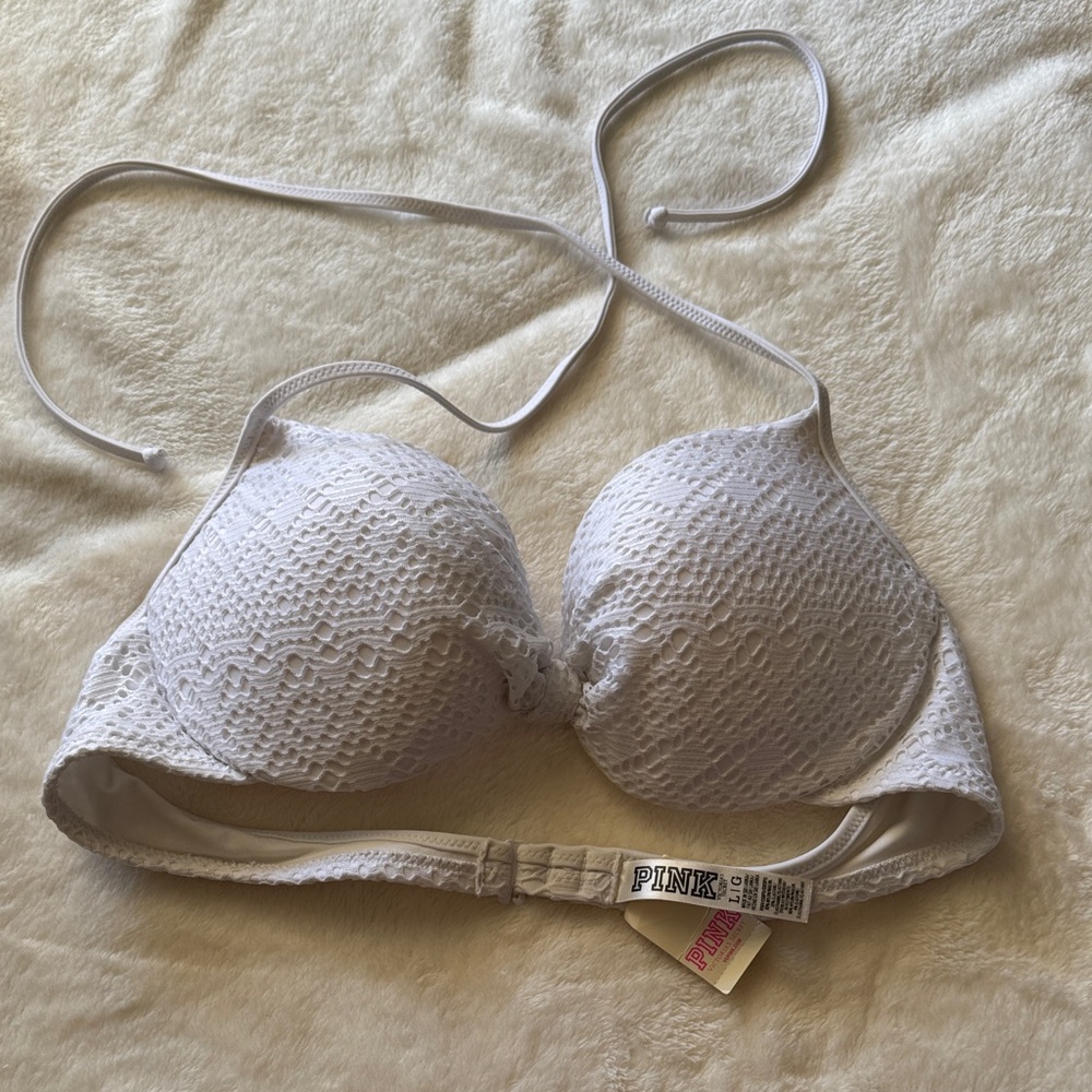 PINK Victoria's Secret Textured White Halter Swim top Large NWT